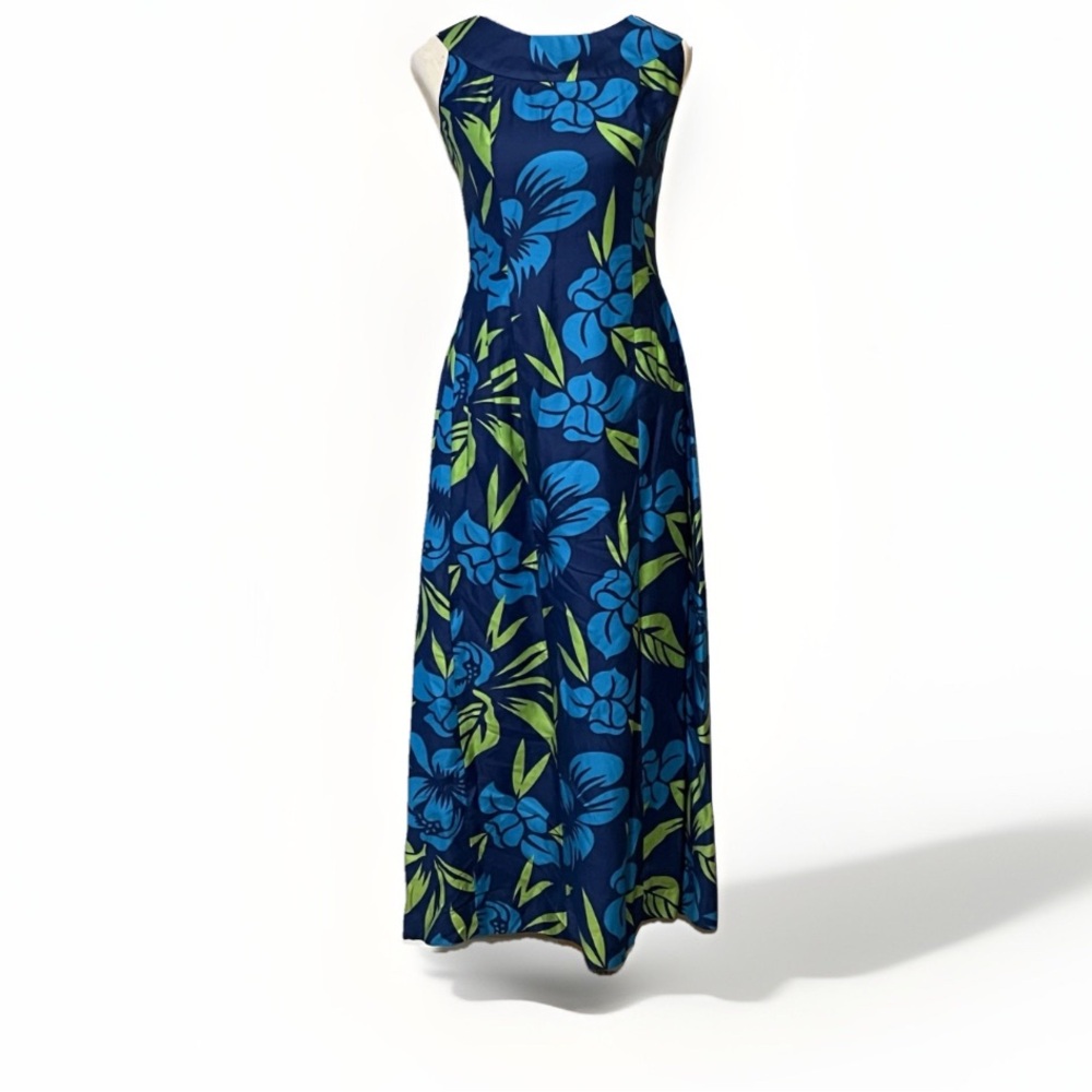The Sample Shop Waikiki Hawaii Vintage Dress Maxi Long Blue Green Floral S/M